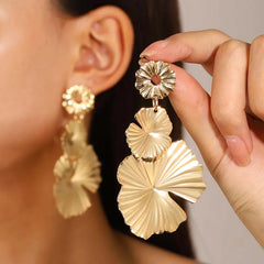 Exaggerated Metal Leaf Flower Drop Earrings for Women Fashion Gold Color Long Geometric detail view