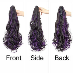 Synthetic 20Inch Long Curly Ponytail Claw Clip in Hair Extension Mixed Red Purple Hair close-up view