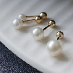 925 Sterling Silver Geometry Pearl Stud Earrings for Women Advanced Ornament Round Bal close-up view