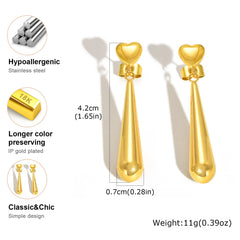 Vnox Sweet Heart Long Tear Drop Earrings | Stainless Steel Water Droplet Piercing Jewe close-up view