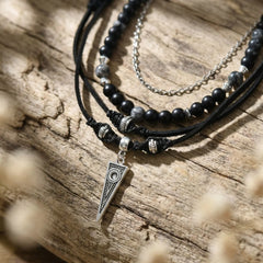 Vnox Metal Triangle Pendant Black Onyx Beaded Layered Leather Necklace for Men Women, 50 detail view
