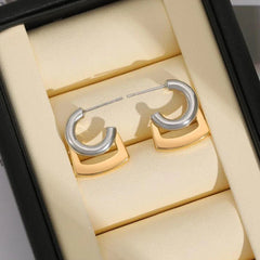 C Shape Hoop Earrings Gold Silver Mix | Trendy Women's Huggie Earrings close-up view