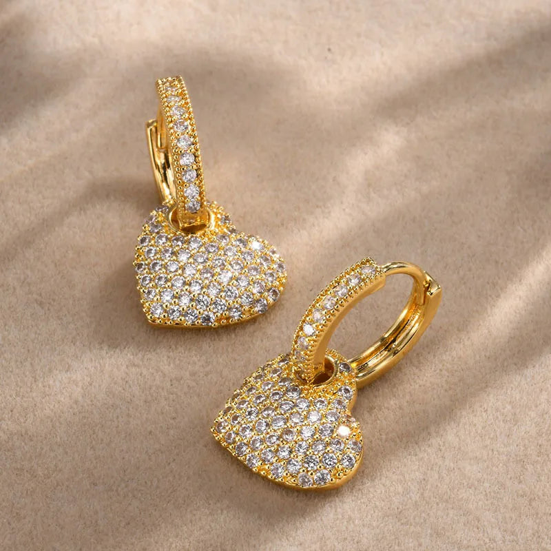 Trendy Gold Plated White CZ Stone Ear Jewelry Heart Huggie Hoop Earrings Dainty Drop Earrings for Wo