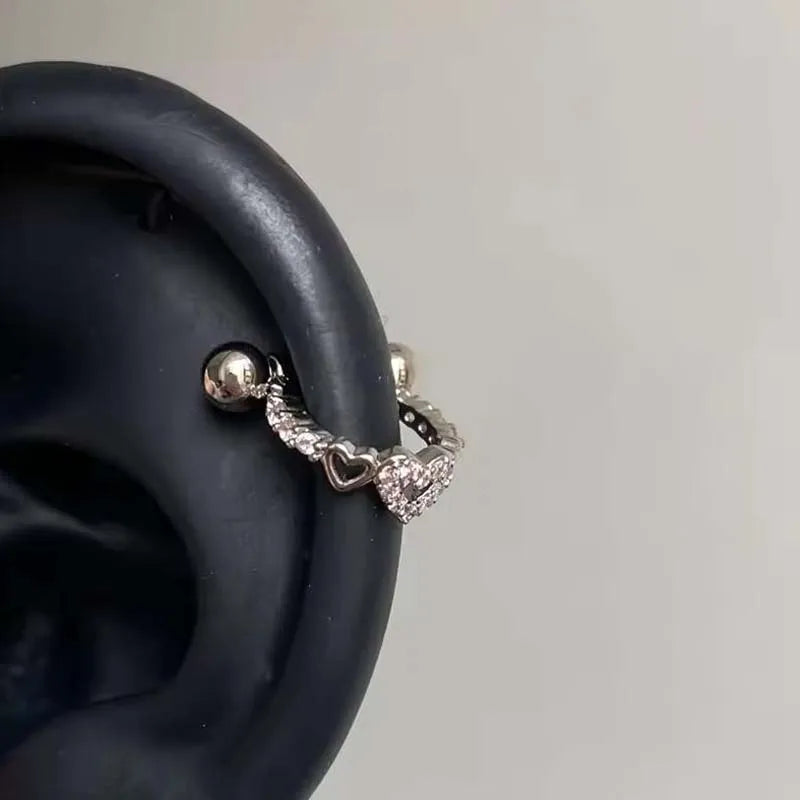 New Hollow Heart Ear Bone Nail for Women Girls Stainless Steel Silver Color Zircon Piercing Earrings
