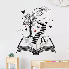 Wall Stickers for Living Room Bedroom | Creative Black Heart Book World Ladder Tree Wall detail view