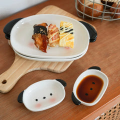 Cute Puppy Shaped Sushi Plate and Dipping Dish Set | 8 Inch Oval Ceramic Dinnerware detail view