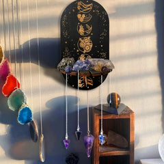 Wooden Crystal Shelf Display Stand | Bohemian Wall Rack for Stones and Jewelry close-up view