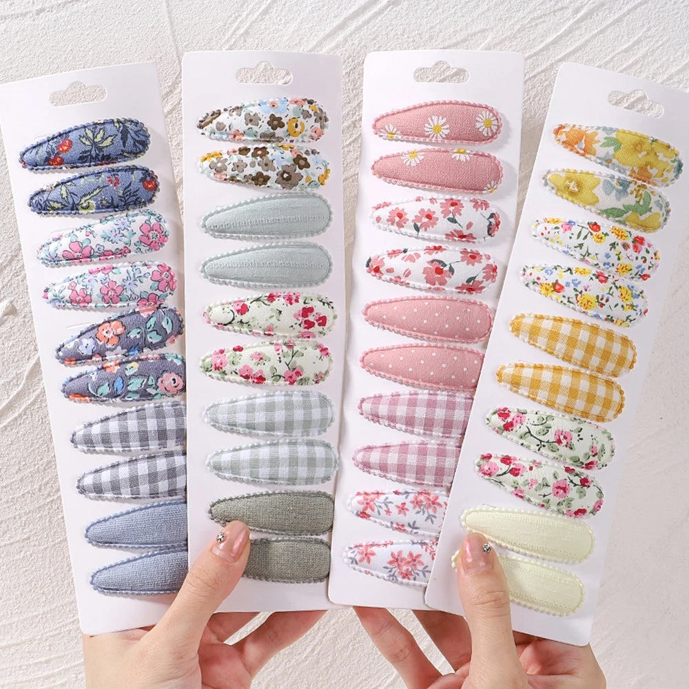 10Pcs/Lot Fresh Print Cotton Alloy Hair Clips for Kids Fabric Plaid BB Hairpins Girl Hairgripe Headw