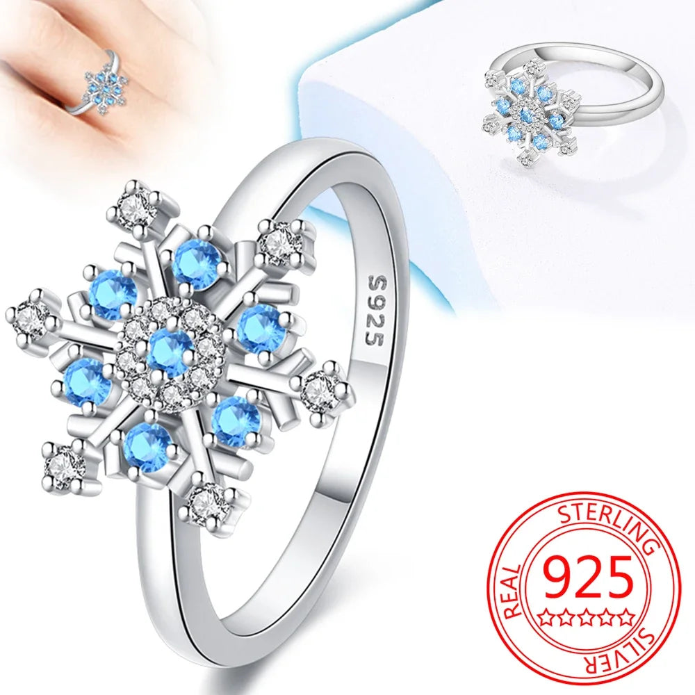 Women Ring 925 Sterling Silver Blue Zircon Snowflake Ring Winter Christmas Wedding Party Romantic Je