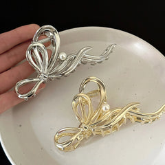Bridal Hair Claw Clip Pearl Bow Ornament Wedding Party Accessory Elegant Metal Large alternate view