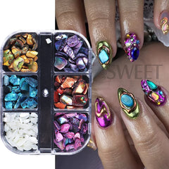 6 Grids Abalone Shell Flakes Nail Art Decoration 3D Charms Irregular Seashell Fragment A detail view