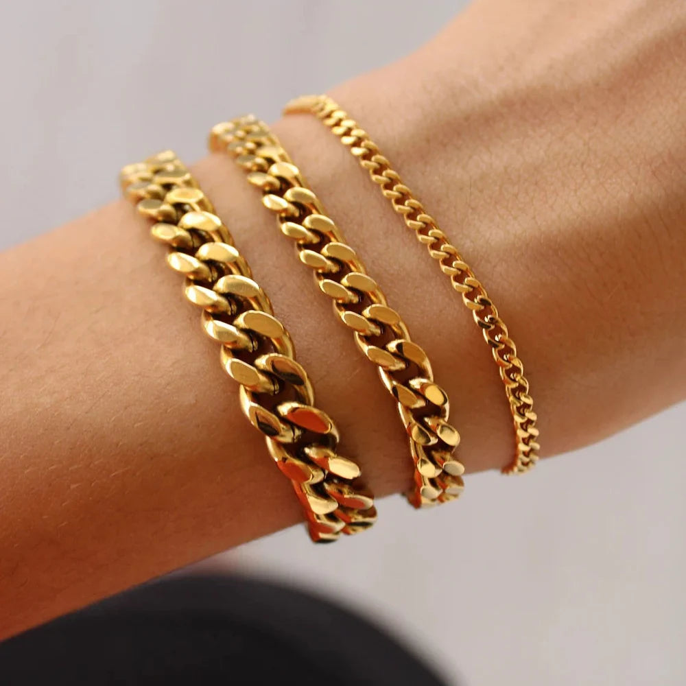 Stainless Steel Chain Bracelet Women, 3mm to 9mm Curb Cuban Chain Bangle Gold Color Unisex Wrist Sta