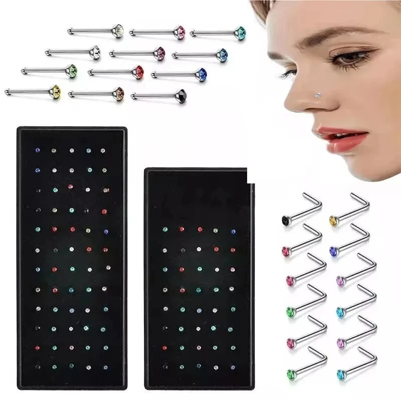 40/60 Pcs/Set Crystal Stainless Steel Nose Piercing Pack Straight Nose Ring Kit L Nose Stud Piercing