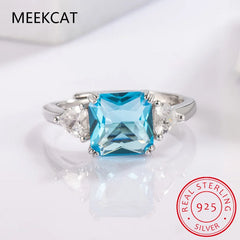 1.9ct Square Natural Sky Blue Topaz 925 Sterling Silver 3 Stone Ring for Women Gemstone detail view