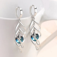 925 Silver Blue Crystal Drop Earrings | Hollow Long Dangle Earrings for Women alternate view