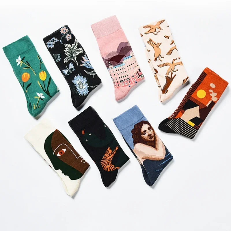 1 Pair Canvas Lattice Plant Art Funny Socks Women Novelty Abstract Cute Socks Women Jacquard Crew Fe