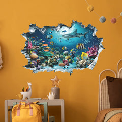 3D Shark Wall Stickers for Kids Room | Ocean Aquarium Broken Wall Decals