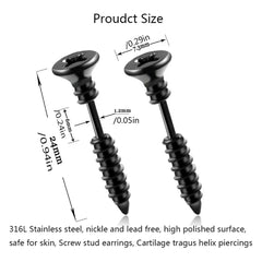 2pcs Fashion Punk 316L Stainless Steel Nail Screw Stud Earring for Women Men,Cartilage T detail view
