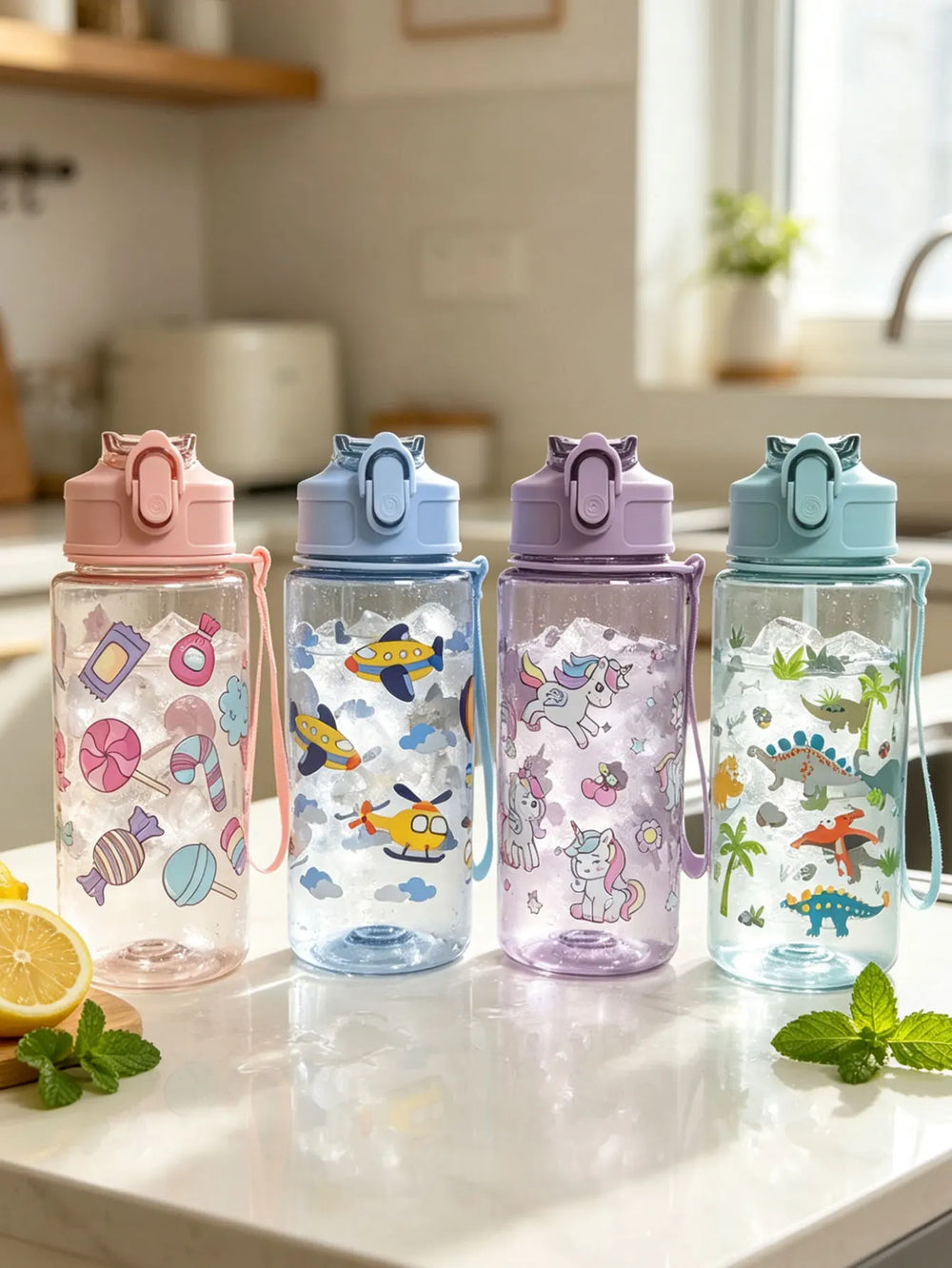 1 Piece 500ml (19 fl oz) Cartoon Printed Straw Cup, Summer Plastic Water Bottle, BPA Free, Portable