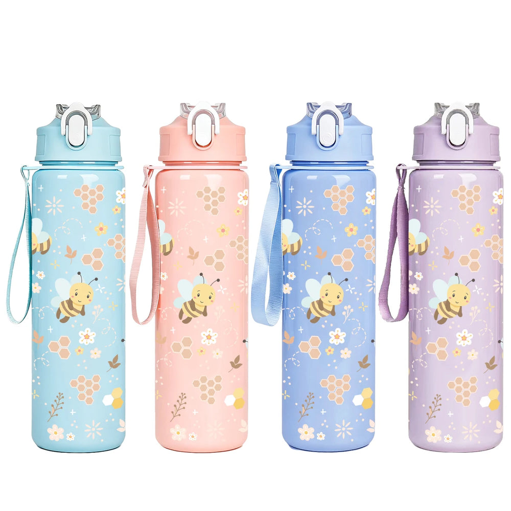 Sweet Honeycomb Bee Pattern Reusable Plastic Water Bottle, Lightweight Leakproof Flip Top Cup for Ki