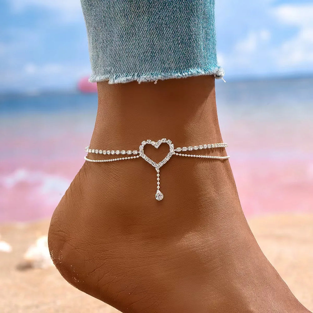 Shiny Bling Heart Drop Tassel Charm Double Layer Anklet Women Beach Foot Chain Vacation Jewelry Summ