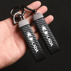 Car Carbon Fiber Style Keychain | Lada Accessory with Microfiber Leather close-up view
