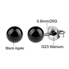 Black Agate Stone Stud Earrings for Women Mens Medical G23 Titanium Piercing Jewelry Sim detail view