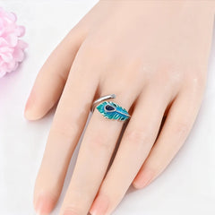 Original 925 Sterling Silver Malachite Green Open Ring Peacock Feather Adjustable Ring close-up view