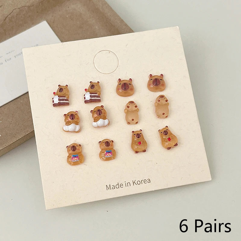 Kawaii 6Pairs Capybara Earrings Set, Cute Cartoon Fashion Accessory for Women and Girls