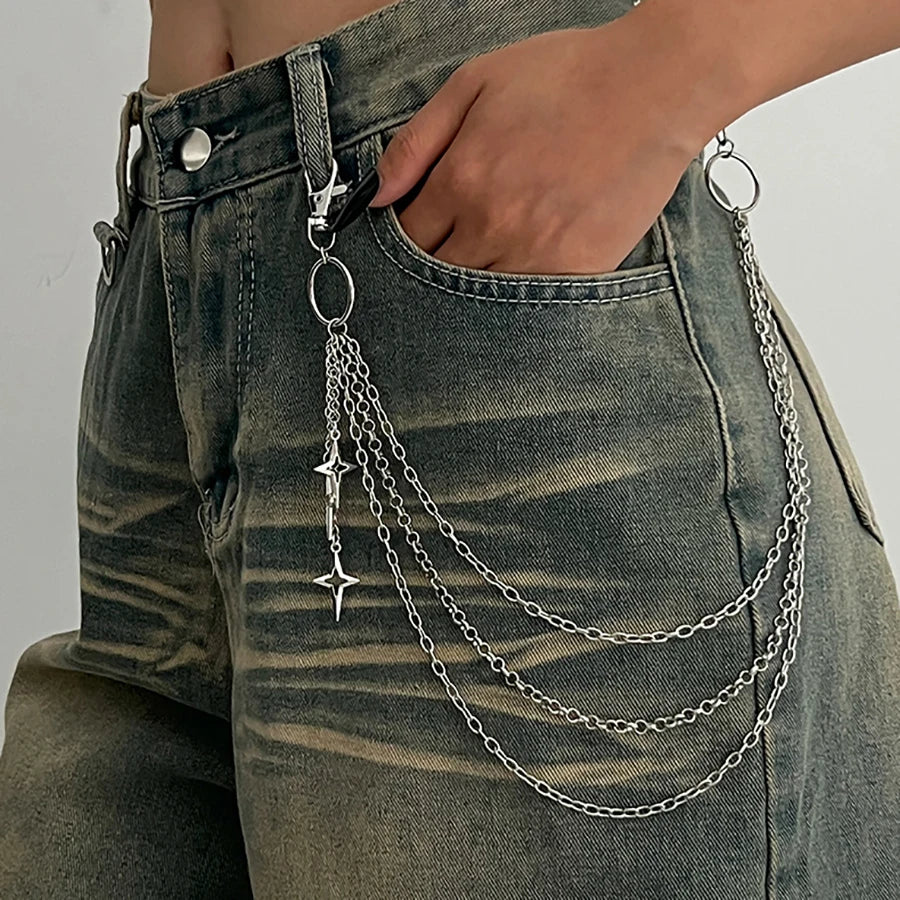 Salircon Punk Multilayer Metal Star Pendant Pant Chain Hip Hop Waist keychain Jeans Chain Women Tren