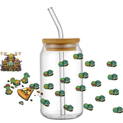 Cartoon Turtle Decal Stickers | Waterproof UV DTF Wrap for 16oz Libbey Glass detail view