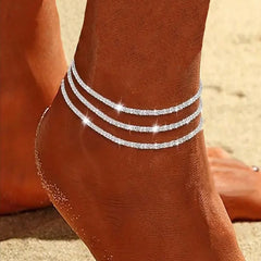 2pcs Shiny Cross Pendant Anklet Set for Women Vintage Simple Zircon Double Layer Beach close-up view