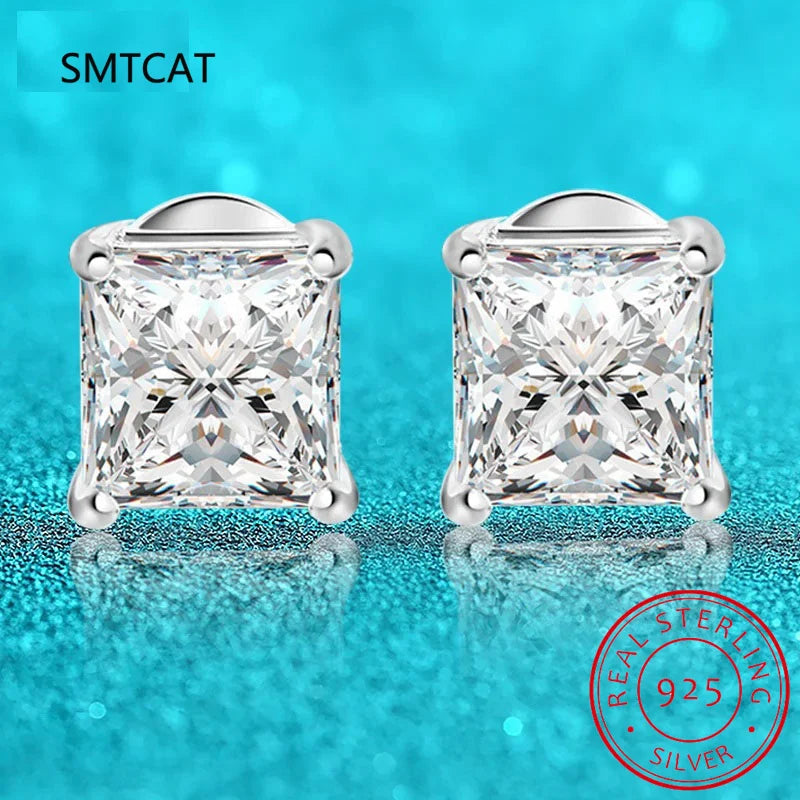 Princess Cut 0.4-5CT Moissanite Stud Earrings for Women Men VVS Simulated Diamond Ear Studs 925 Ster