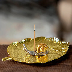Leaf Snail Incense Burner | Antique Metal Incense Plate for Living Room detail view