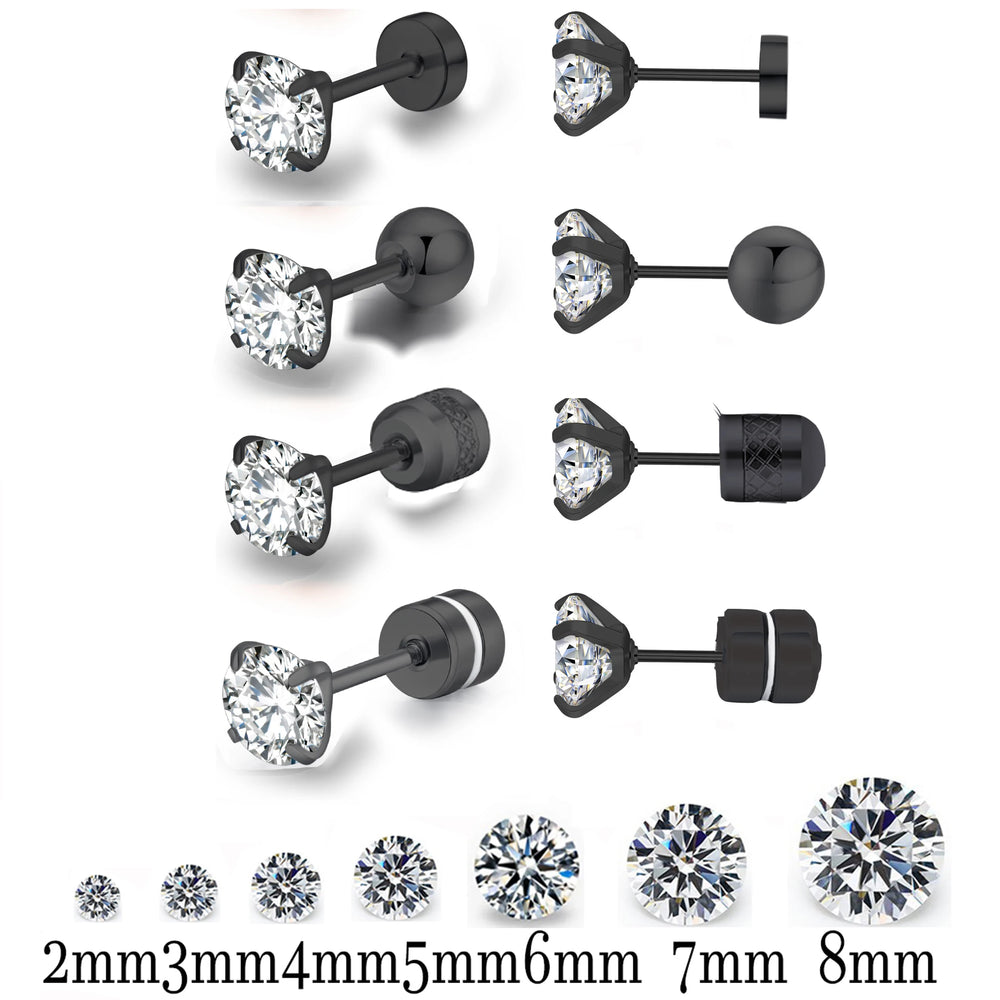 Black Top Stainless steel Unisex Women Men Round Crystal Zircon Ear Studs Earrings Piercings Fashion