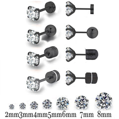 Black Top Stainless steel Unisex Women Men Round Crystal Zircon Ear Studs Earrings Piercings Fashion