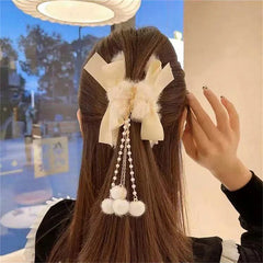 New Fashion Women Soft Plush Bow Pearl Tassel Hair Claw Clips Elegant Hair Clips Headwear