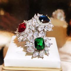 925 Silver New Colorful Square Zircon Ring Female Fashion Full Diamond Water Drop Zir alternate view