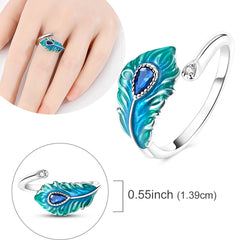 Original 925 Sterling Silver Malachite Green Open Ring Peacock Feather Adjustable Ring For Women Gif
