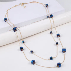 Gold Square Bead Sweater Chain Necklace | Double Layer Glass Pendant Jewelry for Wome alternate view