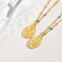 Bohemian Colored Virgin Oval Necklace | Gold Plated Stainless Steel Rosary Chain alternate view