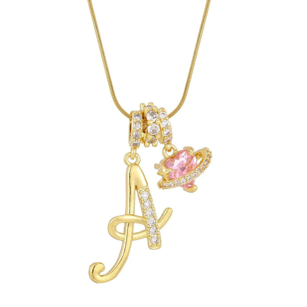 Fashion Letter Necklace for Women Pink Zircon Heart-shaped Pendant Suitable for Girls to Wear Person