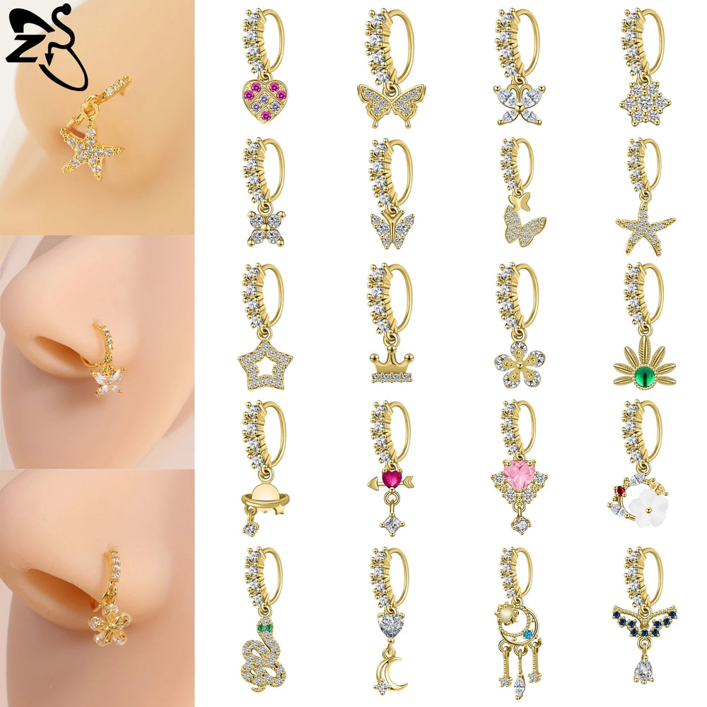 ZS 1 Piece 20G Trendy Hoop Nose Rings Women Moon Star Flower Pendant Septum Piercing Ear Helix Carti
