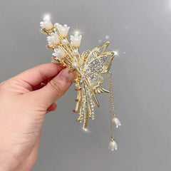 Elegant Butterfly/Flower Hair Claw Clips Gold Color Alloy Hairpins Ponytail Holder Pearls Pendant Headpieces for Women Girls