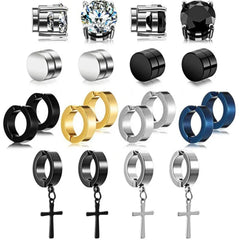 2pcs Punk Mens Strong Magnet Magnetic Ear Stud Set,Non Piercing Cross Clip-on Earrings Suitable Gift