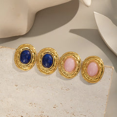 Vintage Oval Stud Earrings | 18K Gold Plated Stainless Steel Natural Stone Jewelry detail view
