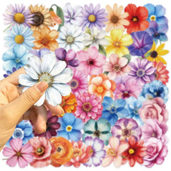 50Pcs Transparent Cartoon Floral Stickers | Waterproof PET Decor for Journals, Guitars close-up view