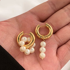 Trendy Asymmetry Pearl Drop Earrings | Stainless Steel Huggie Hoops for Women alternate view