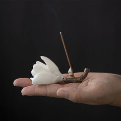 Ceramic Magnolia Flower Incense Holder | Handmade Zen Decor close-up view