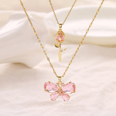 Elegant Pink Crystal Butterfly Necklace for Women High-End Zircon Flower Pendant Fash alternate view